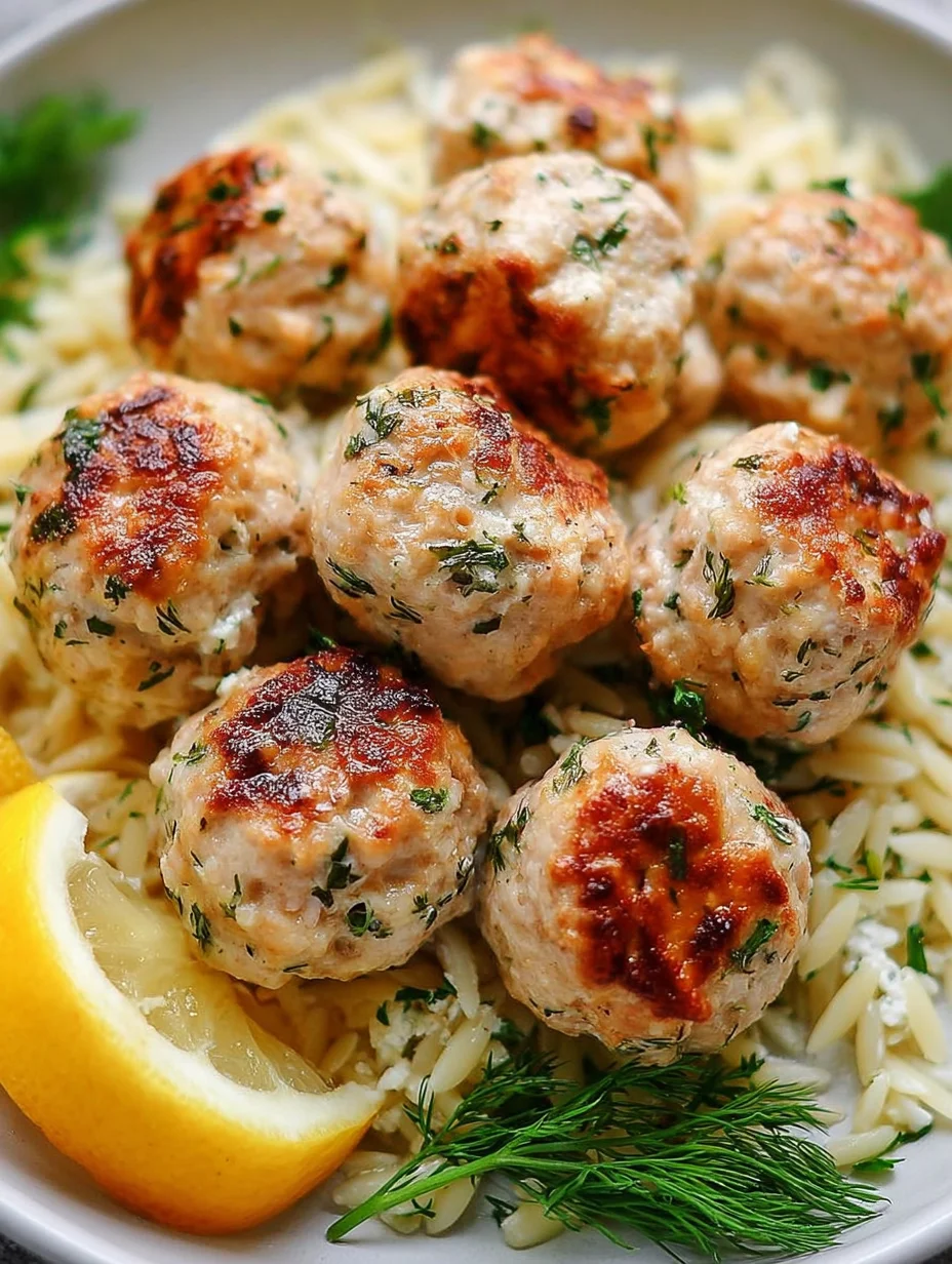 Greek Chicken Meatballs with Lemon Orzo