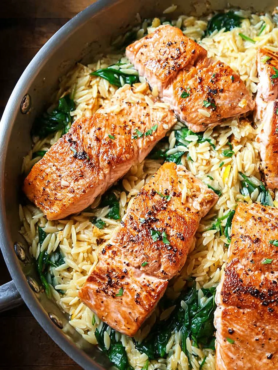 One Skillet Salmon with Lemon Orzo